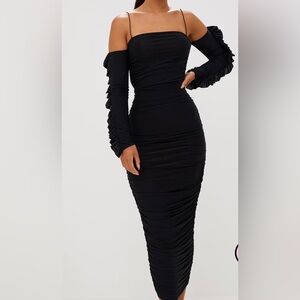 Black Ruched Cold Shoulder Midi Dress